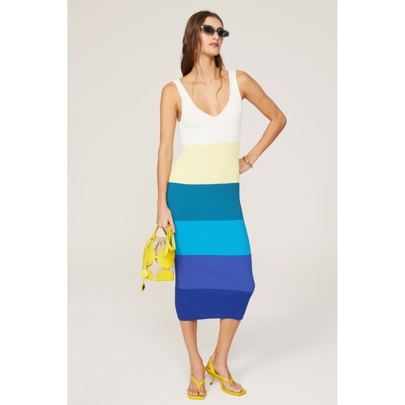 STAUD Dresses & Skirts - STAUD Blue White Colorblock Stripe Sleeveless V-Neck Dana Midi Dress Size Medium
